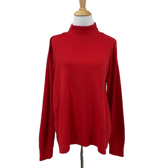 Lands End Mock Neck Shirt Womens L Large Red Solid Long Sleeve Pullover Cotton - Picture 1 of 12